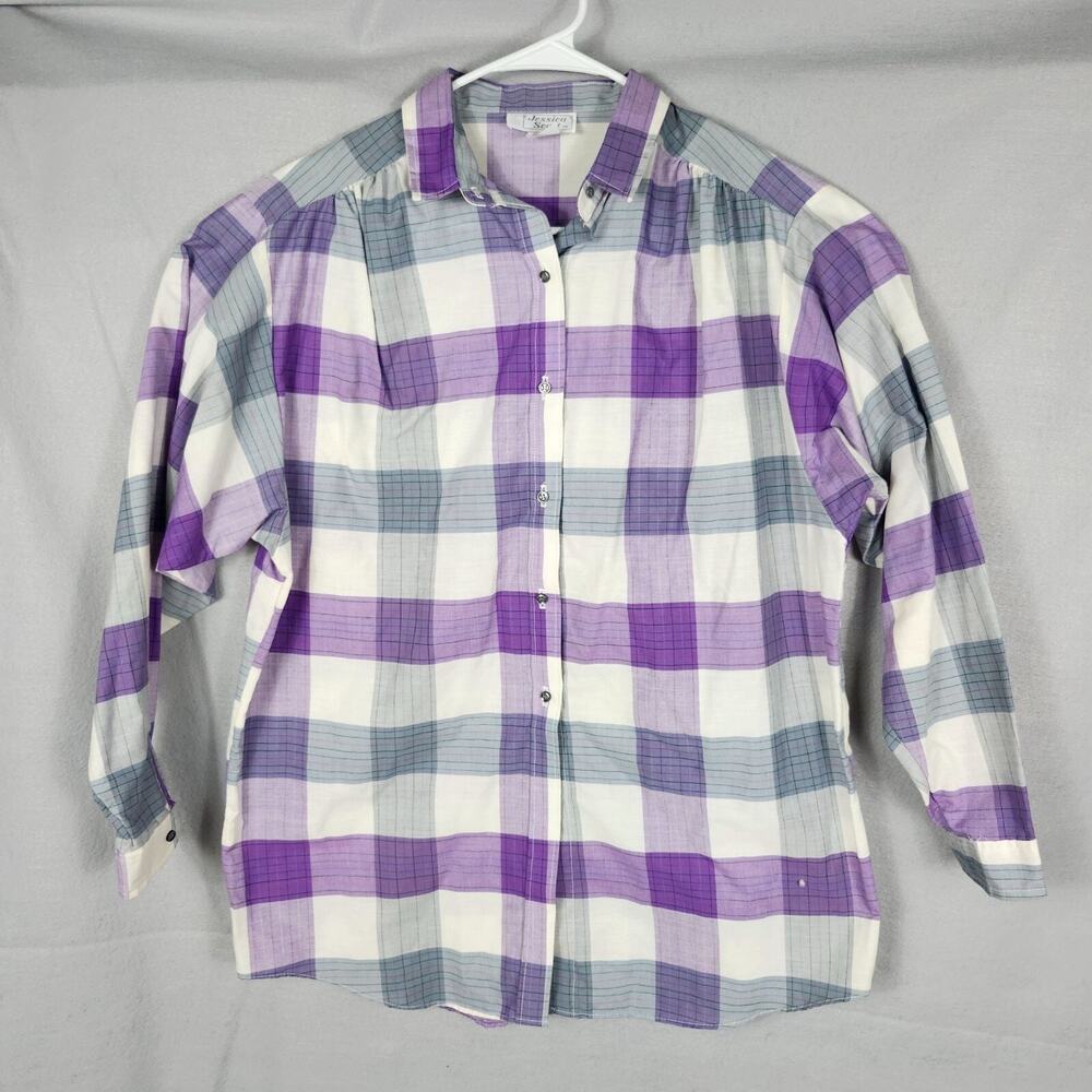 Jessica Scott Womens Purple/Gray Plaid Button-Up Shirt Size 16
